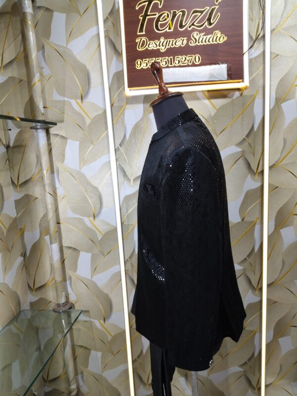 Elegant Midnight Black Textured Indo-Western Suit for Men displayed on mannequin at Fenzi Designer Studio.