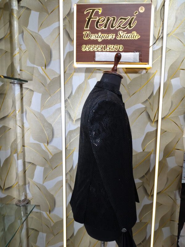 Elegant Midnight Black Textured jodhpuri Suit for Men displayed on mannequin at Fenzi Designer Studio.