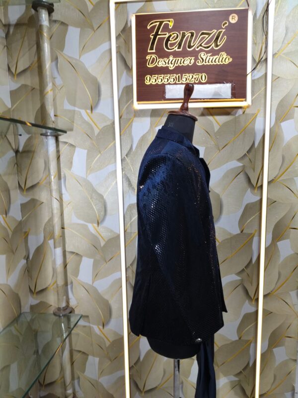 Step into timeless elegance with Fenzi’s Midnight Blue Textured jodhpuri Suit — a fusion of classic charm and modern craftsmanship, designed to make you stand out at every festive or wedding occasion.