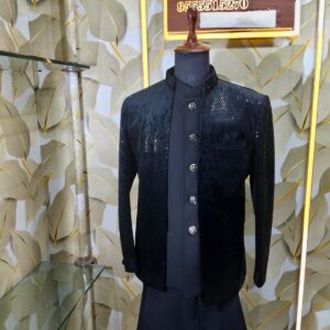 Elegant Midnight Black Textured Indo-Western Suit for Men displayed on mannequin at Fenzi Designer Studio.