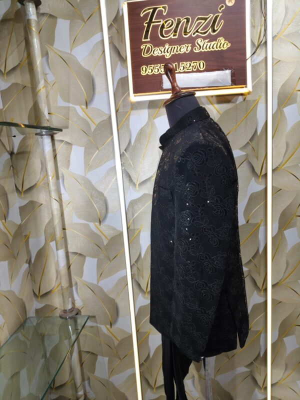 Black embroidered Jodhpuri jacket set with elegant floral detailing displayed on a mannequin at Fenzi Designer Studio.