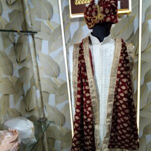 Traditional Indian Groom Sherwani with Maroon Velvet Dupatta and Matching Turban at Fenzi Designer Studio