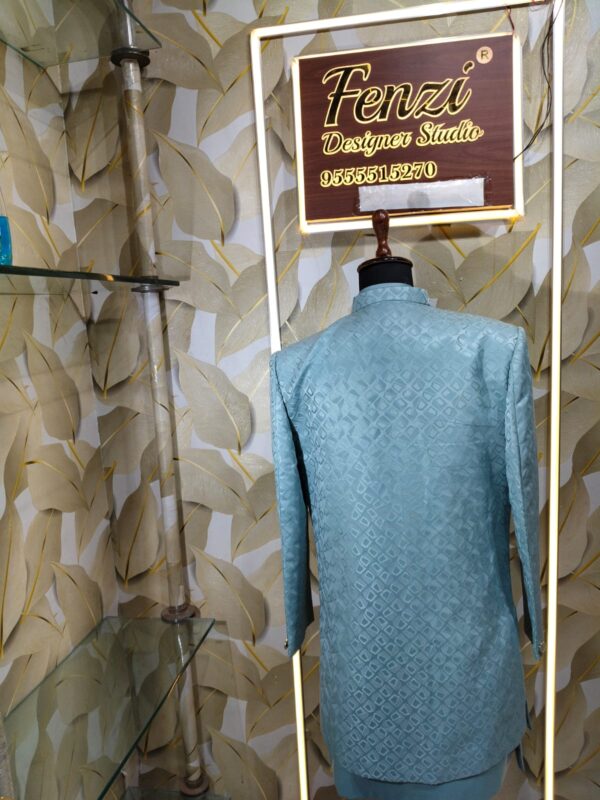 Elegant pastel blue designer sherwani with embossed diamond pattern