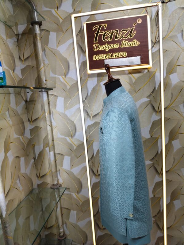 Elegant pastel blue designer sherwani with embossed diamond pattern