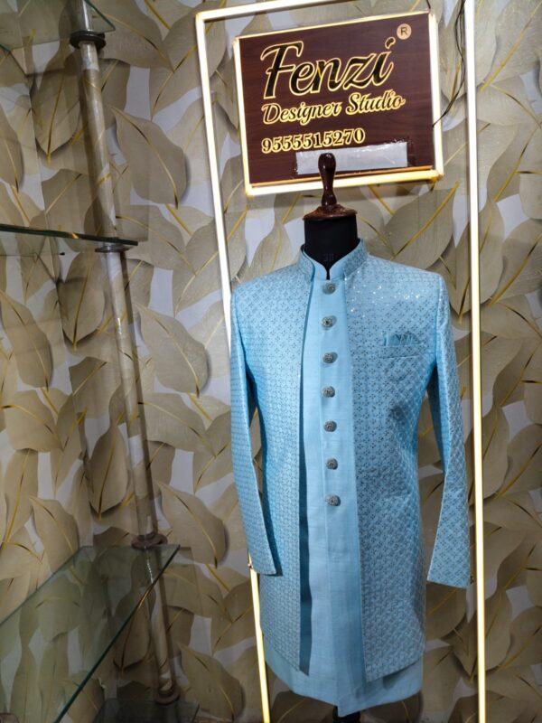 Light blue embroidered sherwani for men