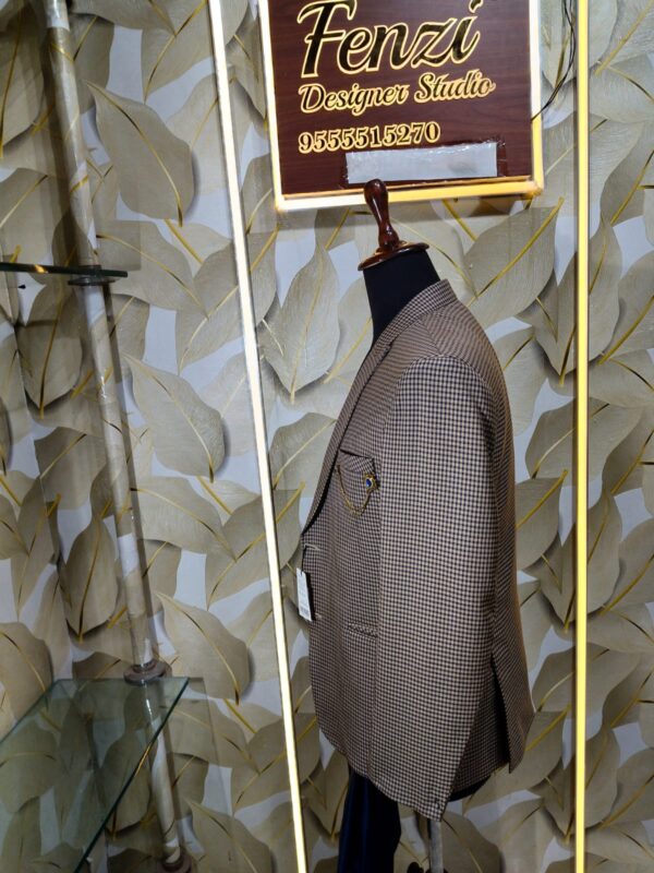 Men’s designer 3-piece suit with a brown micro-check blazer and navy blue waistcoat displayed on a mannequin at Fenzi Designer Studio.”