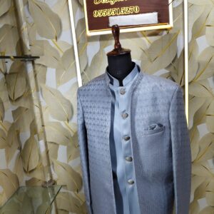 Elegance refined. Grace redefined. Step into the world of sophisticated heritage with our premium steel-grey Jodhpuri set—crafted for the modern man who celebrates tradition with style.