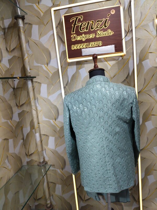 “Elegance Reimagined — Step into regal sophistication with our Mint Green Textured Jodhpuri Suit, crafted for men who appreciate timeless luxury.”