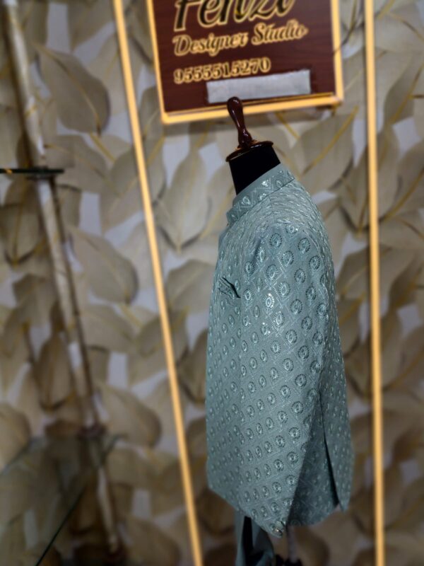 “Elegance Reimagined — Step into regal sophistication with our Mint Green Textured Jodhpuri Suit, crafted for men who appreciate timeless luxury.”