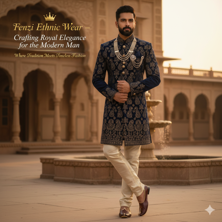 "Fenzi Ethnic Wear – stylish men's ethnic clothing including sherwanis, jodhpuri suits, and indo-western outfits, showcasing craftsmanship, elegance, and tradition."